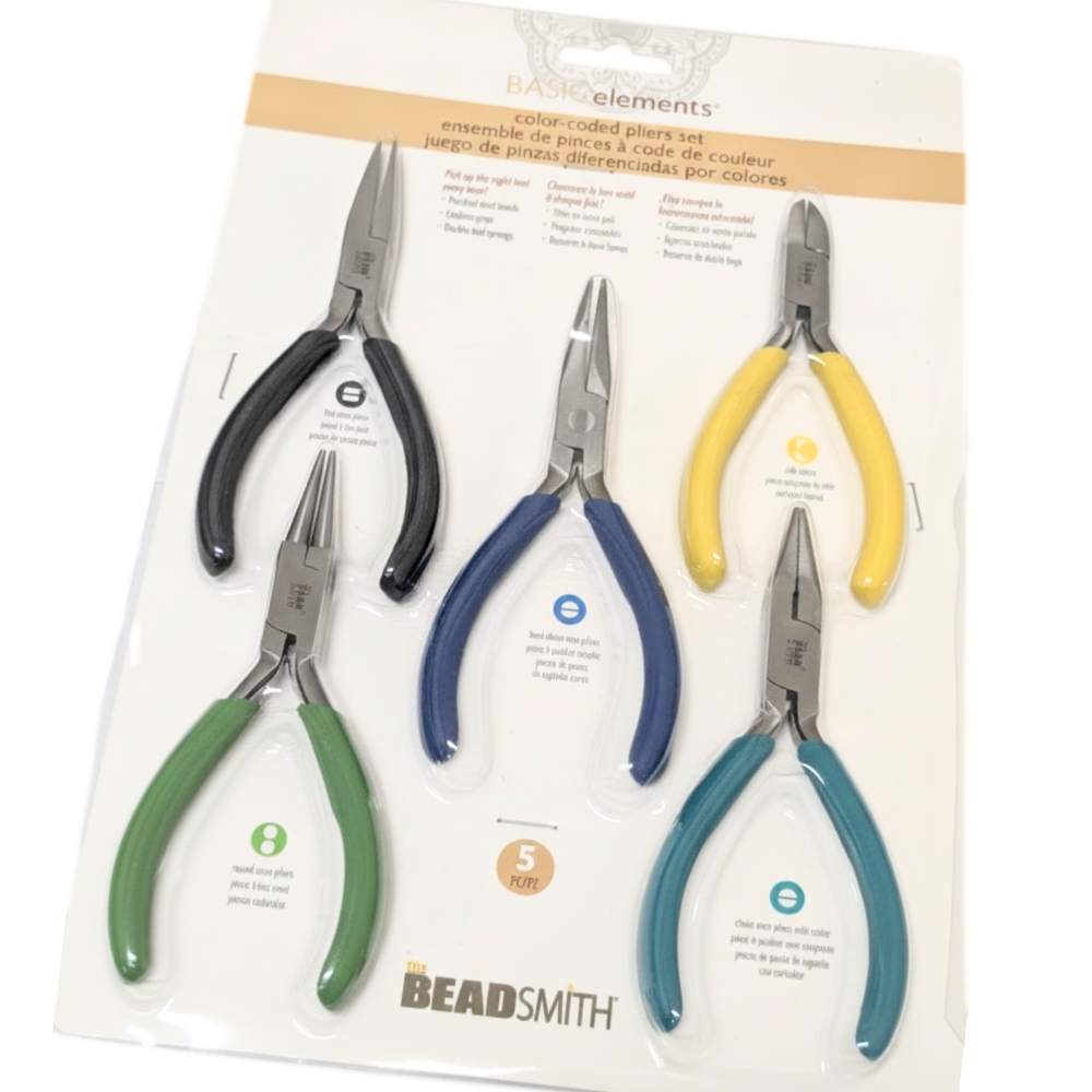 Set de 5 alicates para bisutería The Beadsmith BASICelements con mangos de colores.